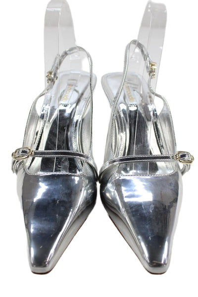 Larroude Womens Metallic Leather Slingback Heels Silver Size 10