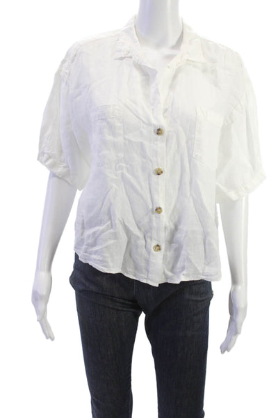 Velvet Women Basic Collared Linen Button Up Short Sleeve White Size XS