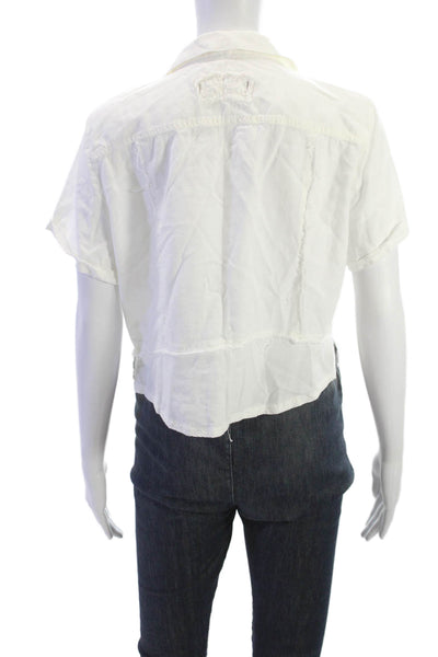 We The Free Women Cropped White Short Sleeve Blouse Button Size L