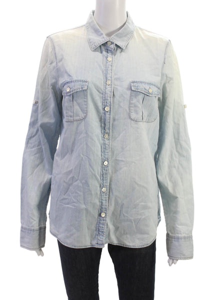J Crew Women Basic Cotton Collared Button-Up Long Sleeve Blue Size M