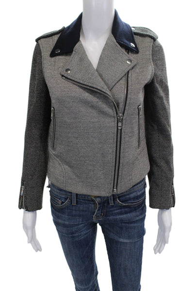 Theory Womens Biker Jacket Gray Herringbone Cotton Zip Size S Petite