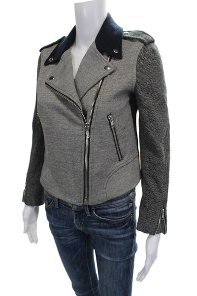 Theory Womens Biker Jacket Gray Herringbone Cotton Zip Size S Petite