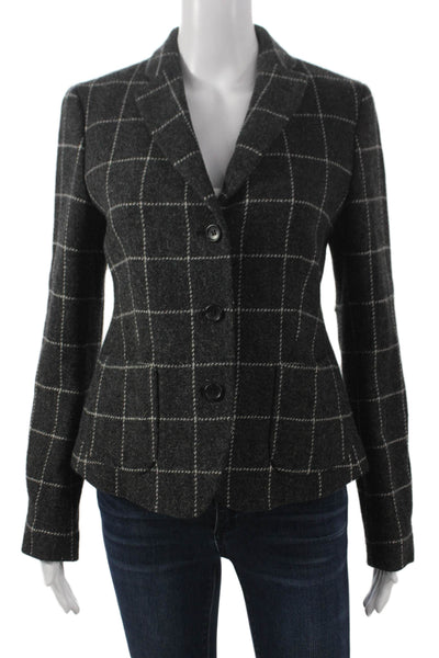 Ines De La Fressange Women Gray Check Wool Blazer Button Long Sleeve Size S