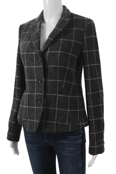 Ines De La Fressange Women Gray Check Wool Blazer Button Long Sleeve Size S