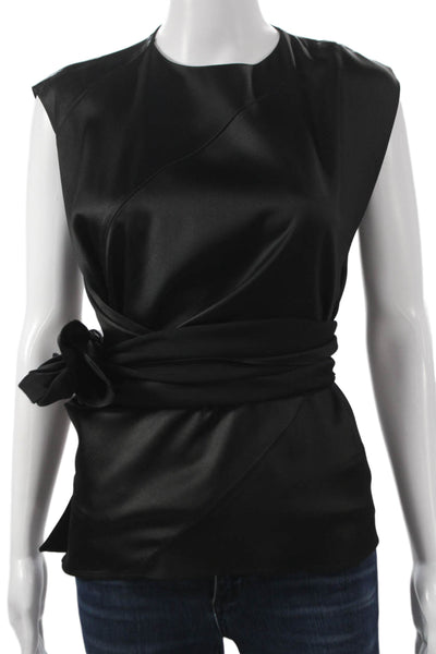 Zara Women Basic Sleeveless Blouse Black Tie Neck Acetate Size XS