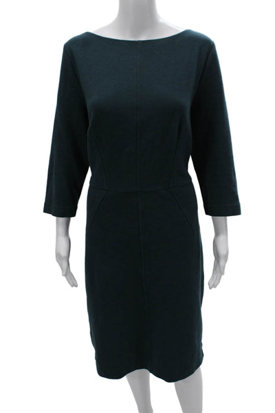 Boden Women Sheath Dress Green Boat Neck 3/4 Sleeve Cotton Mid-Calf Size 16