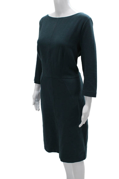 Boden Women Sheath Dress Green Boat Neck 3/4 Sleeve Cotton Mid-Calf Size 16