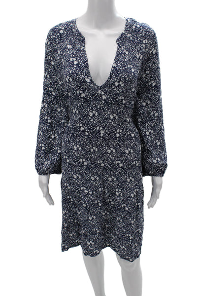 Boden Women Blue Floral V-Neck Long Sleeve Shift Dress Viscose Midi Size 16
