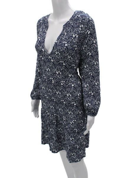 Boden Women Blue Floral V-Neck Long Sleeve Shift Dress Viscose Midi Size 16