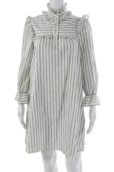 Celine Women White Striped Cotton Shift Dress Long Sleeve Size 34