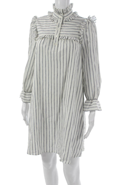 Celine Women White Striped Cotton Shift Dress Long Sleeve Size 34