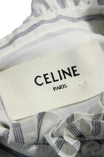 Celine Women White Striped Cotton Shift Dress Long Sleeve Size 34