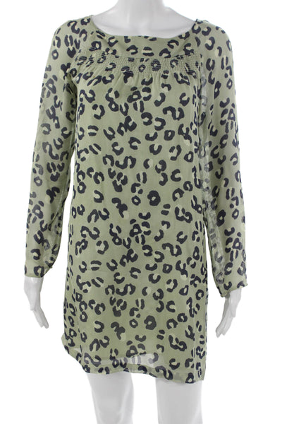 APC Women Green Silk Animal Print Shift Dress Long Sleeve Boat Neck Size S
