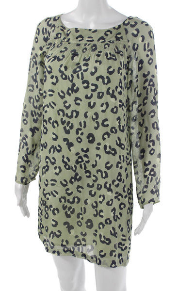 APC Women Green Silk Animal Print Shift Dress Long Sleeve Boat Neck Size S