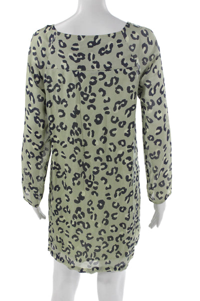 APC Women Green Silk Animal Print Shift Dress Long Sleeve Boat Neck Size S