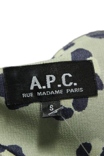 APC Women Green Silk Animal Print Shift Dress Long Sleeve Boat Neck Size S
