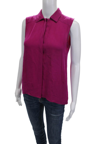 Theory Womens Basic Silk Sleeveless Collared Button Blouse Pink Petite Size S
