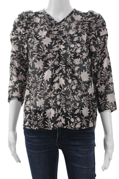 Ulla Johnson Women Silk Floral V-Neck 3/4 Sleeve Blouse Black Size 2