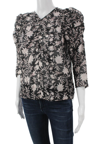 Ulla Johnson Women Silk Floral V-Neck 3/4 Sleeve Blouse Black Size 2