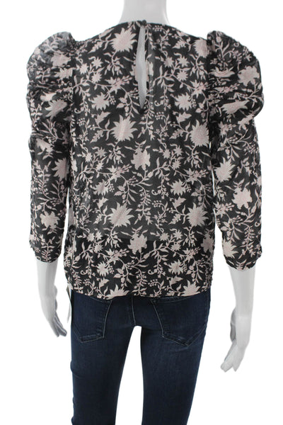 Ulla Johnson Women Silk Floral V-Neck 3/4 Sleeve Blouse Black Size 2