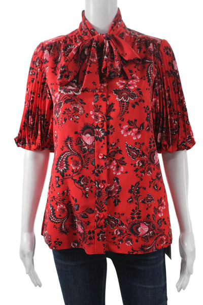 Erdem Womens Red Floral Collared Short Sleeve Blouse Polyester Size 2