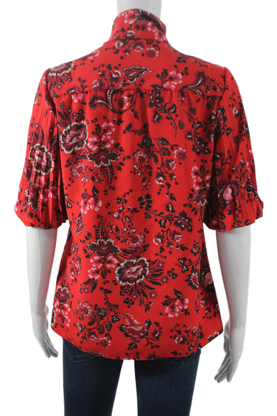 Erdem Womens Red Floral Collared Short Sleeve Blouse Polyester Size 2