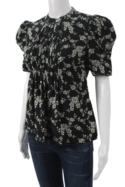 CO Womens Basic Black Viscose Floral High Neck Short Sleeve Blouse Size XS
