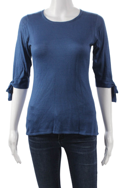 Goat Library Women Blue Acrylic Solid Round Neck 3/4 Sleeve Pullover Size 4