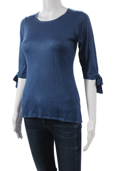 Goat Library Women Blue Acrylic Solid Round Neck 3/4 Sleeve Pullover Size 4