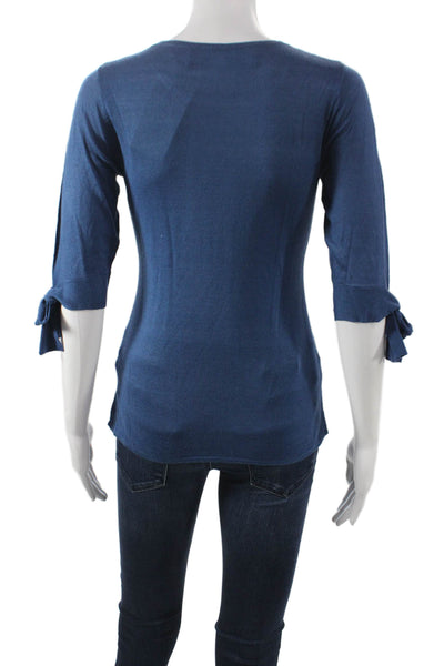 Goat Library Women Blue Acrylic Solid Round Neck 3/4 Sleeve Pullover Size 4