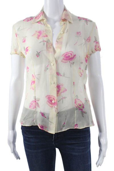 Valentino Jeans Womens Silk Multicolor Collared Cap Sleeve Blouse Button Size S