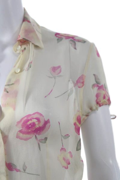 Valentino Jeans Womens Silk Multicolor Collared Cap Sleeve Blouse Button Size S
