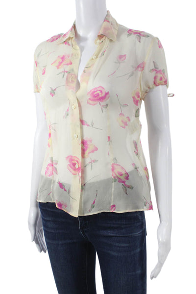 Valentino Jeans Womens Silk Multicolor Collared Cap Sleeve Blouse Button Size S