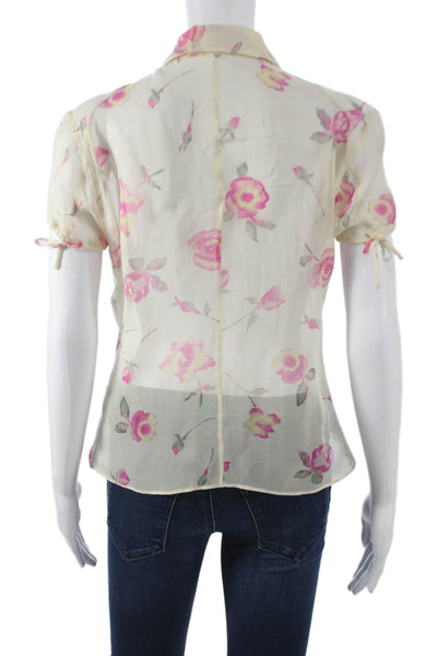 Valentino Jeans Womens Silk Multicolor Collared Cap Sleeve Blouse Button Size S
