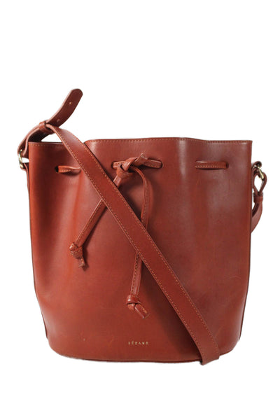 Sezane Womens Leather Tie Front Closure Shoulder Handbag Cinnamon Brown