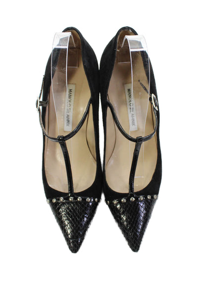 Manolo Blahnik Womens Studded Embossed Mary Jane Heels Shoes Black Size 40