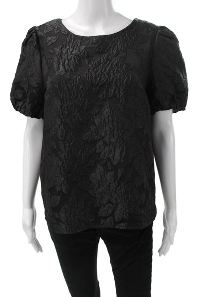 J Crew Women Basic Floral Black Round Neck Short Sleeve Blouse Size M