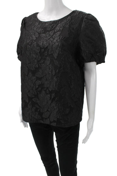 J Crew Women Basic Floral Black Round Neck Short Sleeve Blouse Size M