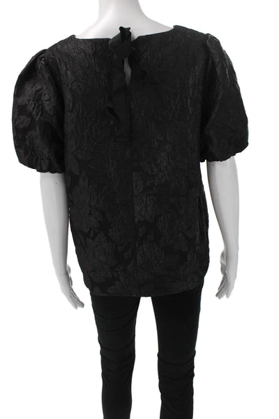 J Crew Women Basic Floral Black Round Neck Short Sleeve Blouse Size M