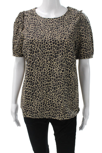 J Crew Women Beige Animal Print Cotton Blouse Short Sleeve Size M