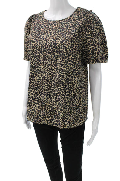 J Crew Women Beige Animal Print Cotton Blouse Short Sleeve Size M