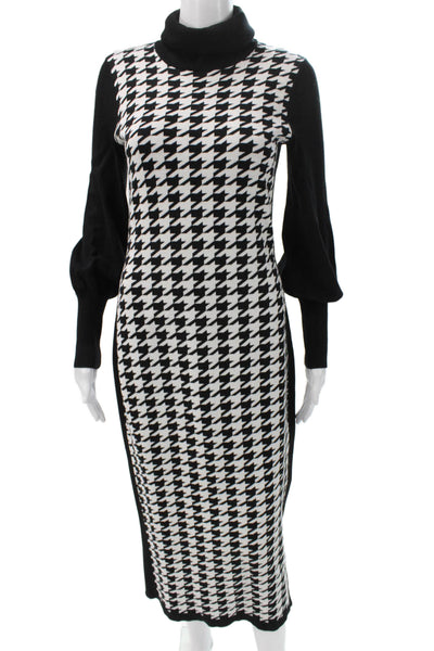 Toccin Womens Sweater Dress Black Houndstooth Turtleneck Mid-Calf Size S