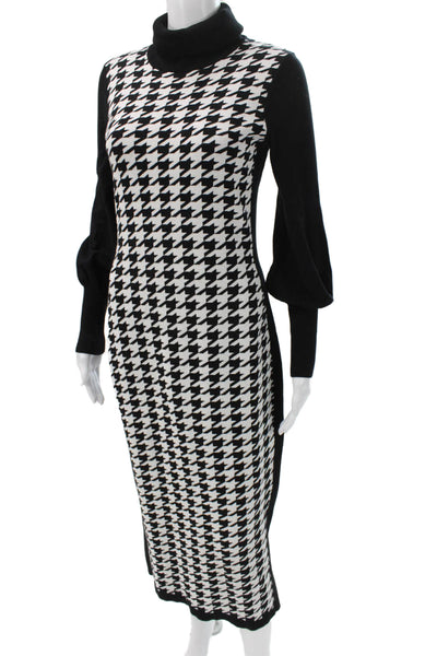 Toccin Womens Sweater Dress Black Houndstooth Turtleneck Mid-Calf Size S