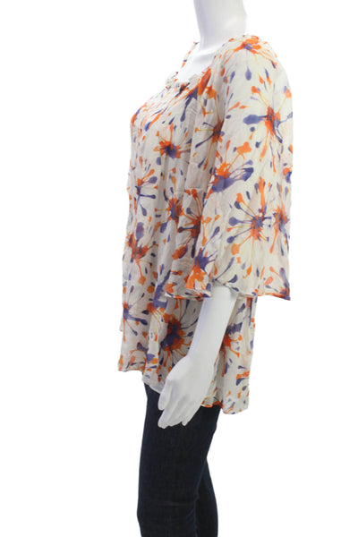 Milly Womens Tunic Multicolor Silk Scoop Neck Geometric 3/4 Sleeve Size 8