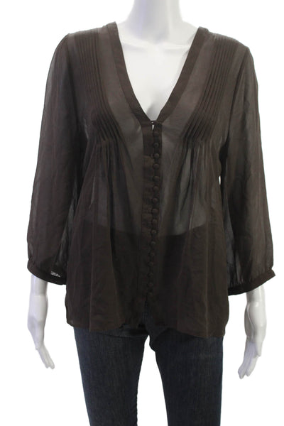Joie Womens Brown V-Neck Tunic Blouse 3/4 Sleeve Button Polyester Size M