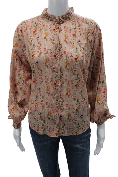 Notshy Women Basic Floral Cotton High Neck Long Sleeve Blouse Size XS