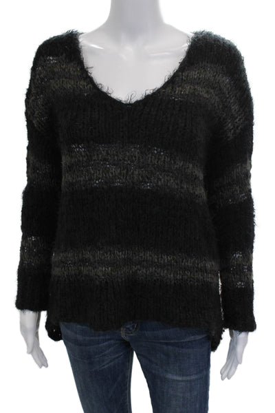 Free People Women Pullover Sweater Black Striped V-Neck Long Sleeve Size M