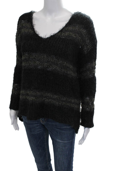 Free People Women Pullover Sweater Black Striped V-Neck Long Sleeve Size M