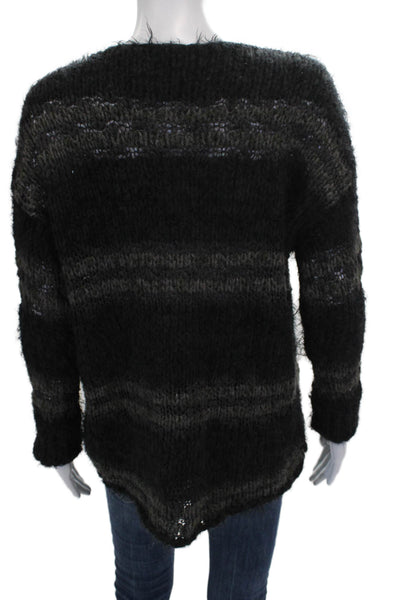 Free People Women Pullover Sweater Black Striped V-Neck Long Sleeve Size M
