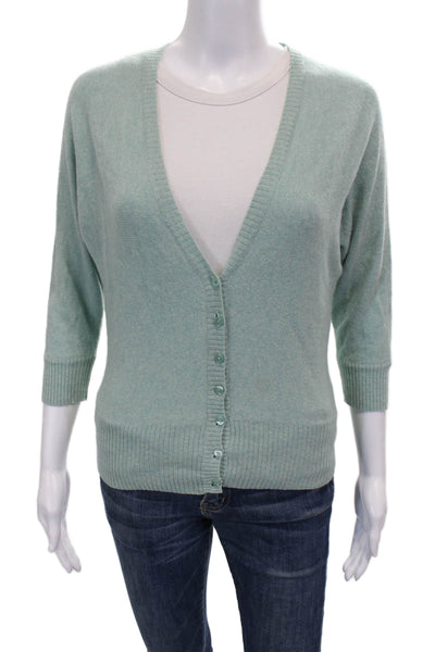 Cashmere Womens V-Neck 3/4 Sleeve Cardigan Green Size XS